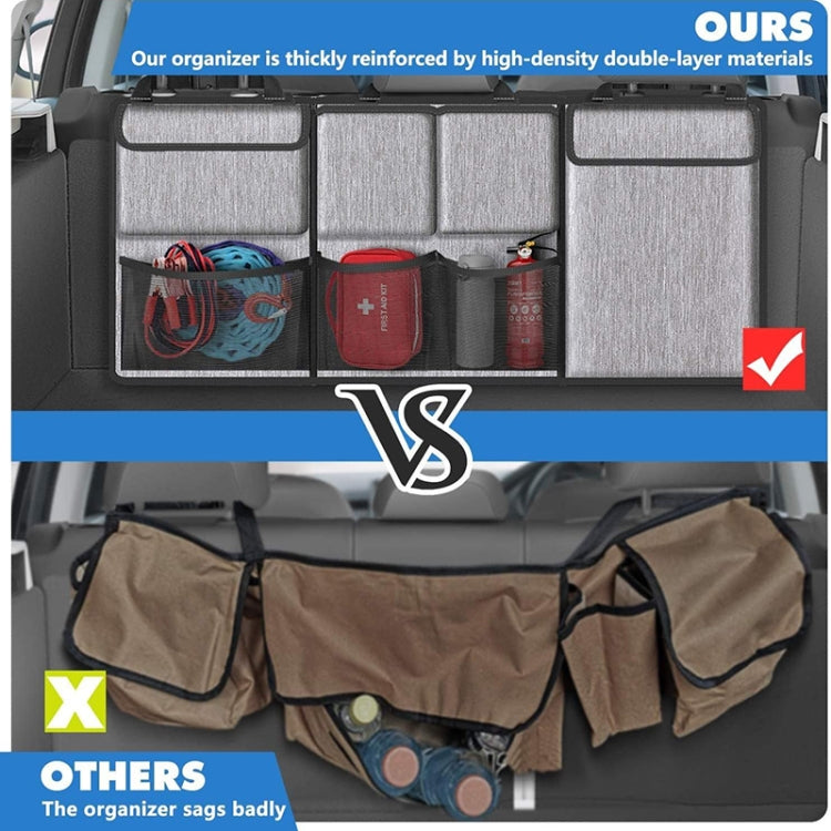 Reinforced black car organizer bag with front dividers and multiple storage pockets