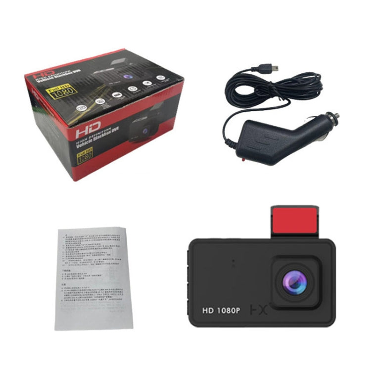 Car dash cam kit with box, cables, instruction sheet, and camera unit