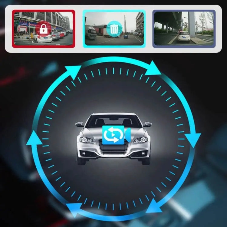 Car dash cam display with recording icons and circular playback graphic