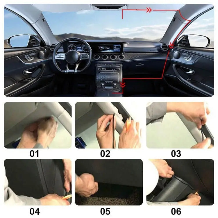 Car dash cam installation steps shown on dashboard and wiring locations