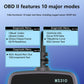 MS310 OBD2 fault detector LCD menu showing OBDII features and test items
