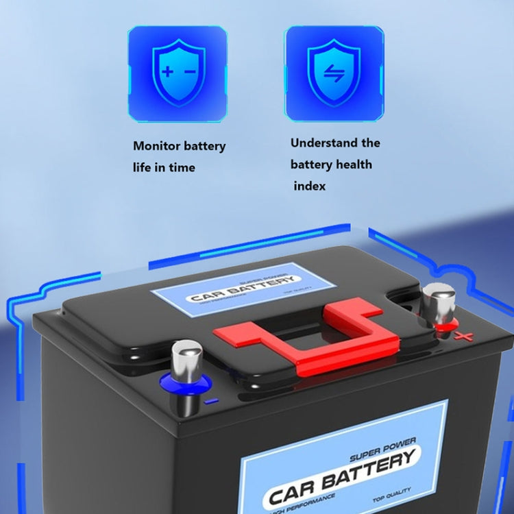 Car battery tester with red and black battery clamp connectors and LCD health display