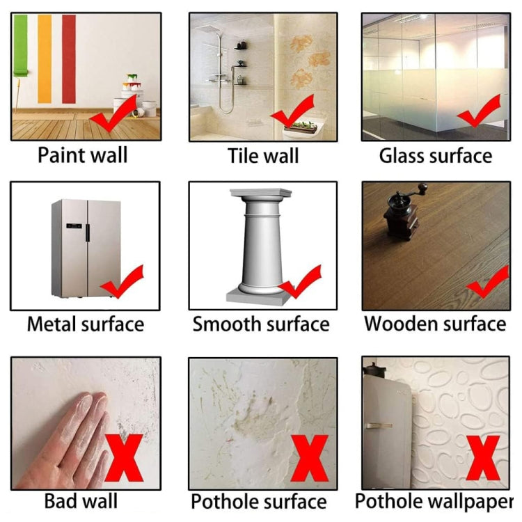 Guide showing where self-adhesive stickers stick: paint, tile, glass, metal, smooth walls