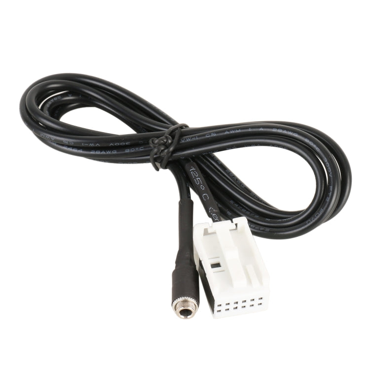 Car audio AUX input cable with black lead, metal jack, and white multi-pin connector