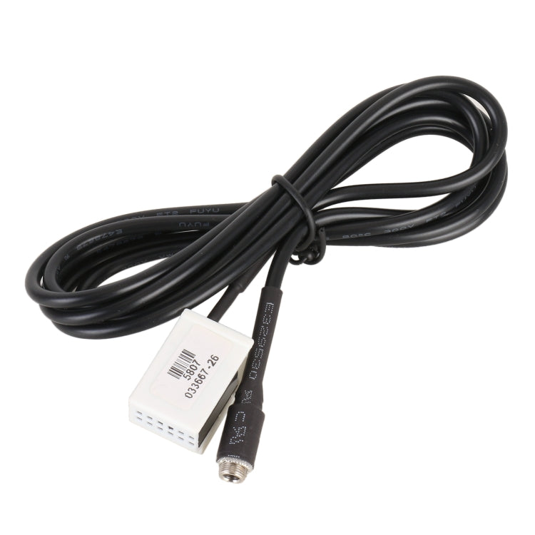 Car audio AUX input cable with black leads and metal jack, white connector at end