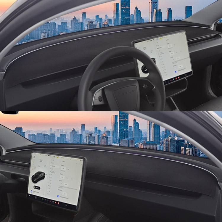 Black dashboard lightproof mat installed on car dash, view from driver seat