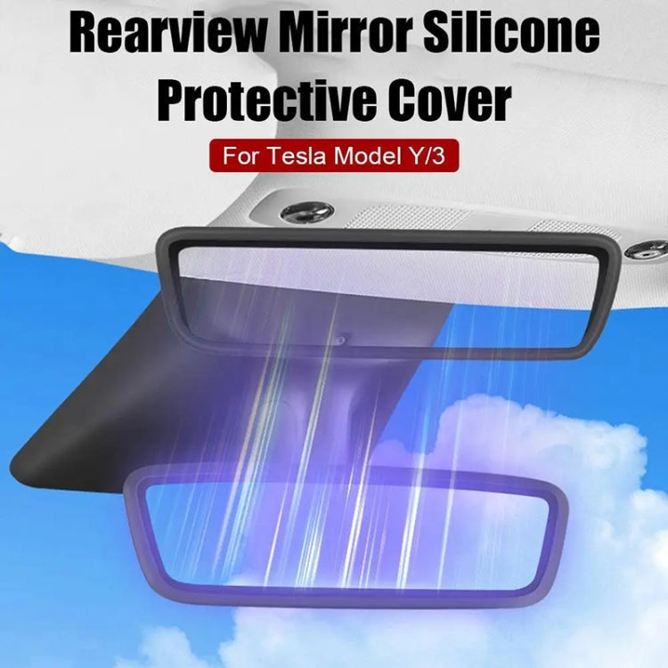 Black silicone rearview mirror protective cover, installed over interior mirror