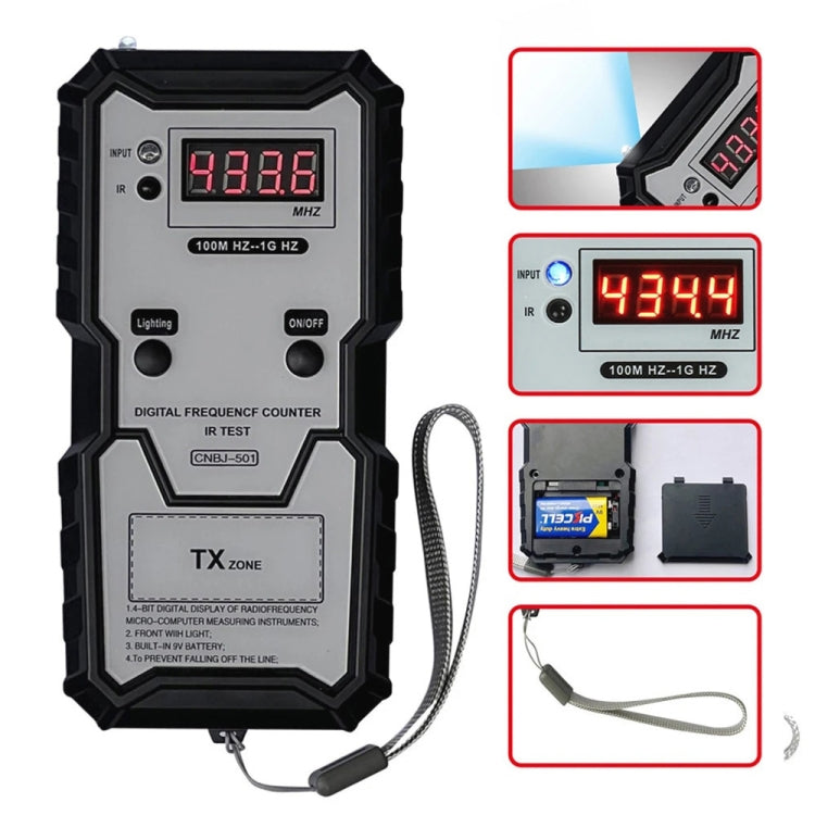 Infrared frequency tester with red LCD, black device and gray control panel, lanyard