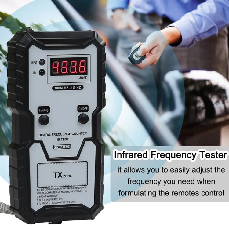 Infrared frequency tester with red LCD display and lanyard, black housing and TX zone