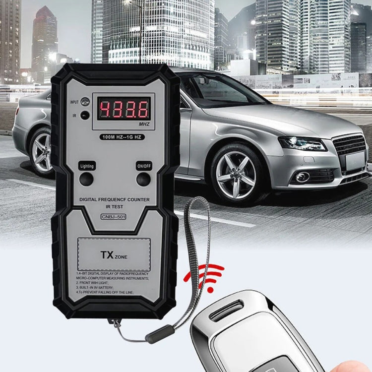Infrared frequency tester front view, red LCD reading and TX zone panel with lanyard