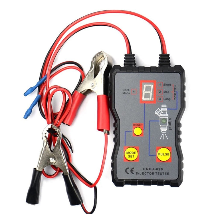 Automobile injector tester unit with connected red wires, clamps, and control panel
