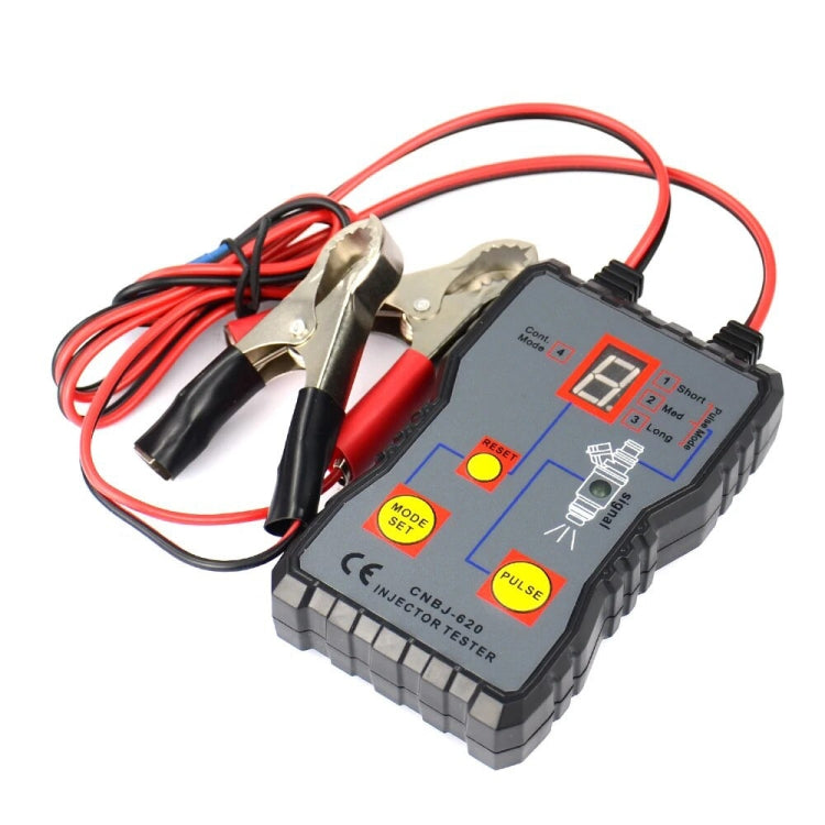 Automobile injector tester with clip leads and blue/red control buttons on screen