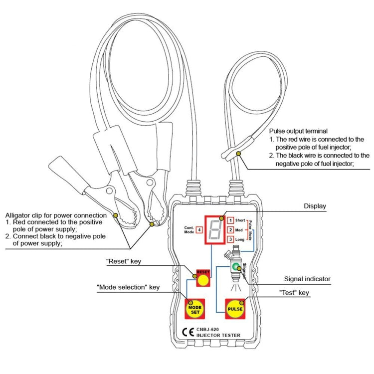 Automobile injector tester wiring diagram showing reset, mode, and pulse keys