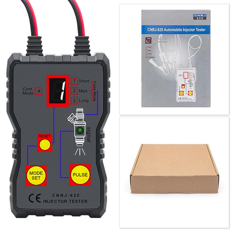 Automobile injector tester front panel close-up with included retail box