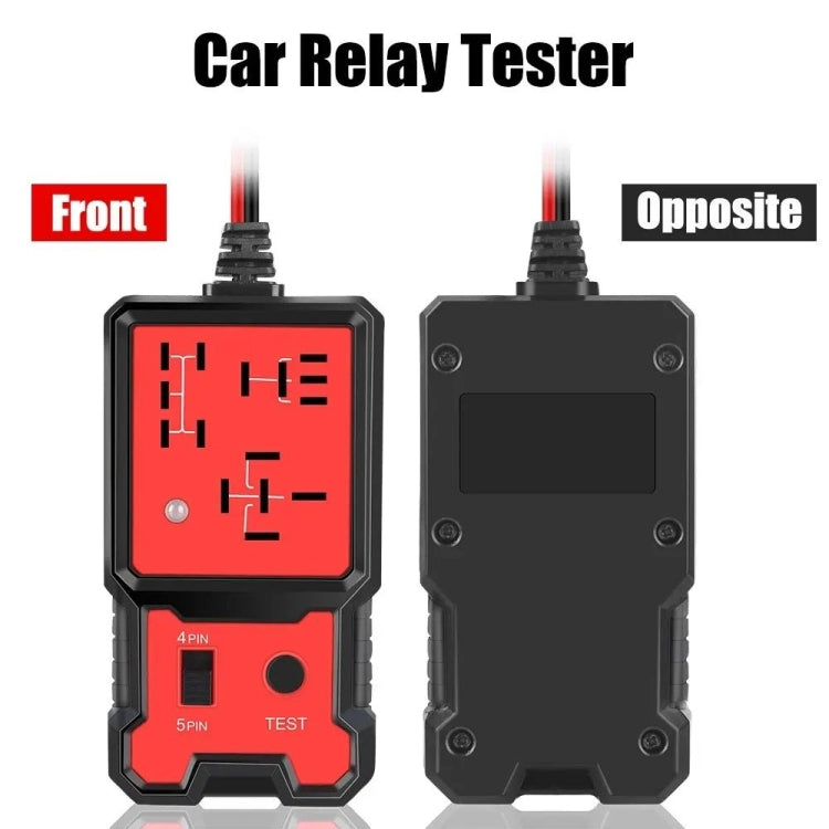 Car relay tester front and back view, red display and black rugged housing