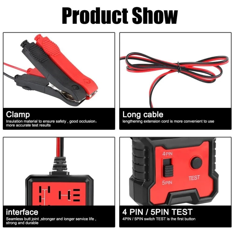 Automotive relay tester with clamp-style leads and red control screen on stand