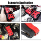 Automotive relay tester held in hand with red test screen and connected wiring
