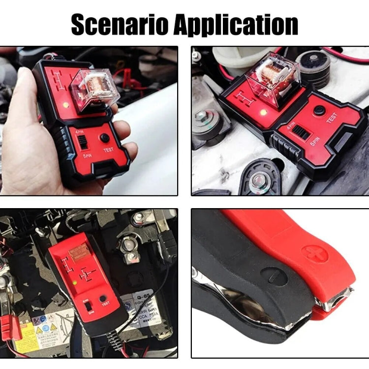 Automotive relay tester held in hand with red test screen and connected wiring