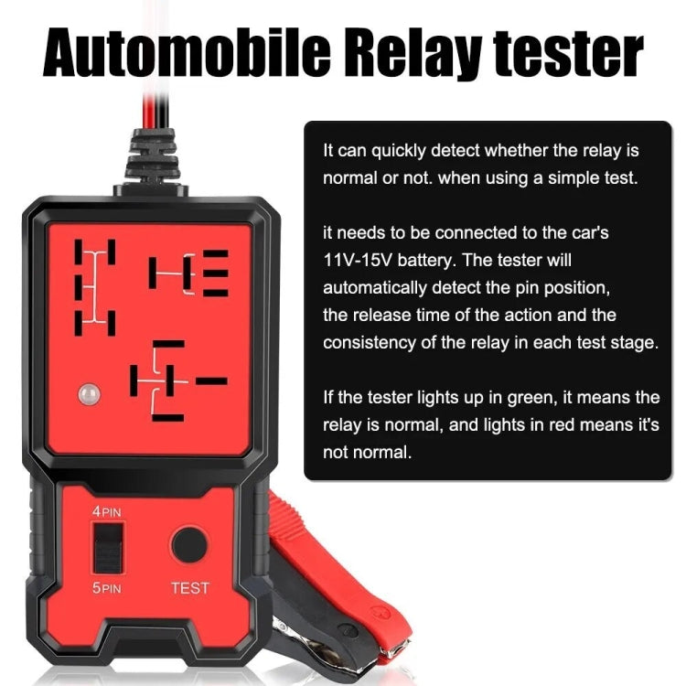 Automobile relay tester with red test screen, 4-pin/5-pin ports, and clamp leads