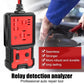 Automotive relay tester with red display and connected test clips for vehicle battery