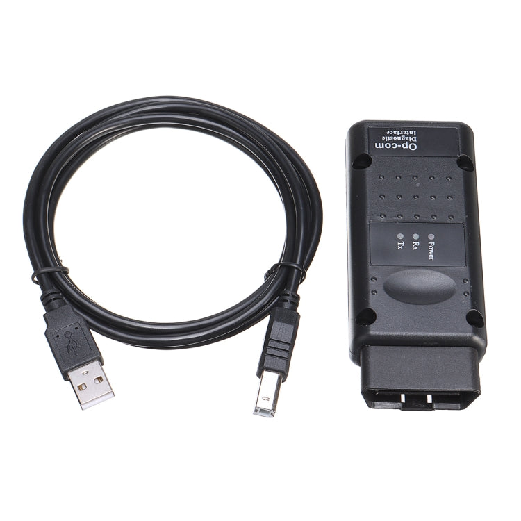 OPCOM V1.95 OBD2 diagnostic scan tool with USB and OBD cables, black housing