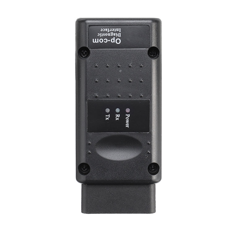 OPCOM V1.95 OBD2 diagnostic scan tool front panel with status LEDs and buttons