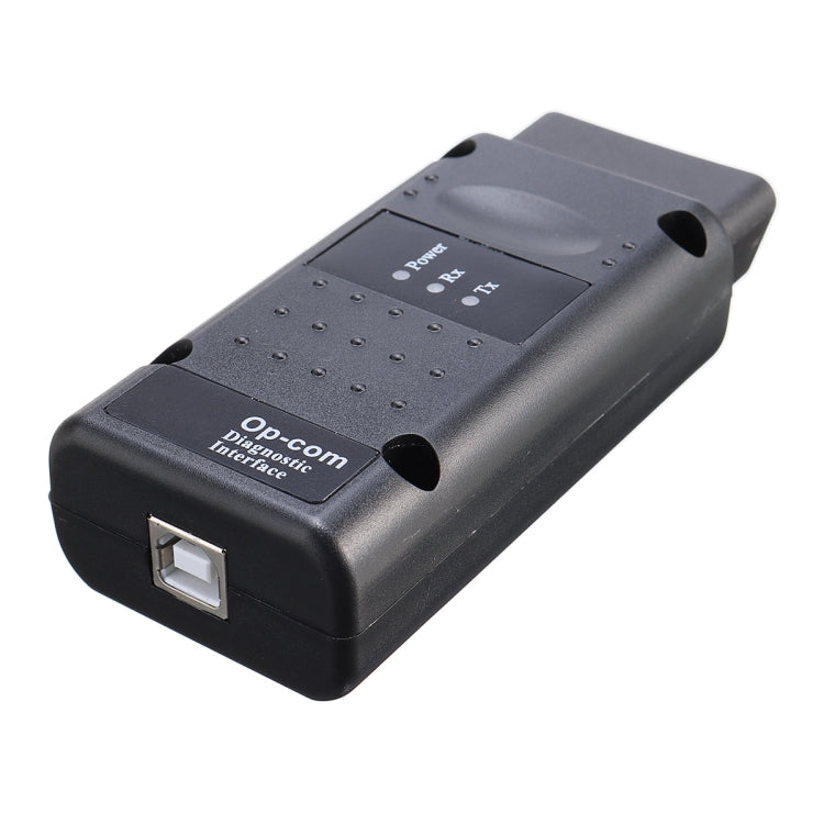 OPCOM V1.95 OBD2 diagnostic scan tool angled front with USB port and logo