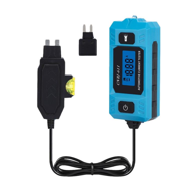 Blue automotive LED blade fuse current tester with cables and adapter plugs