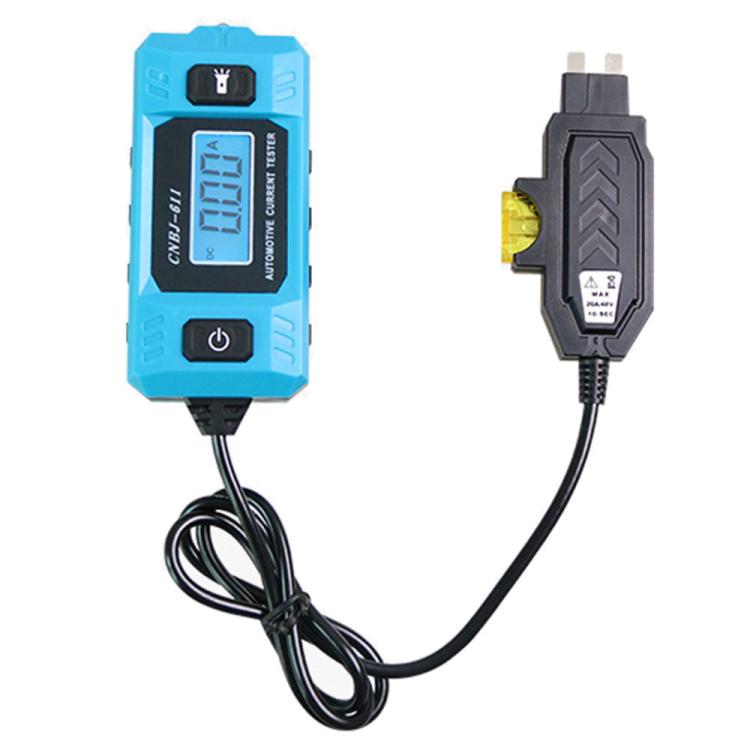 Blue automotive current tester device with LCD screen and blade fuse adapter