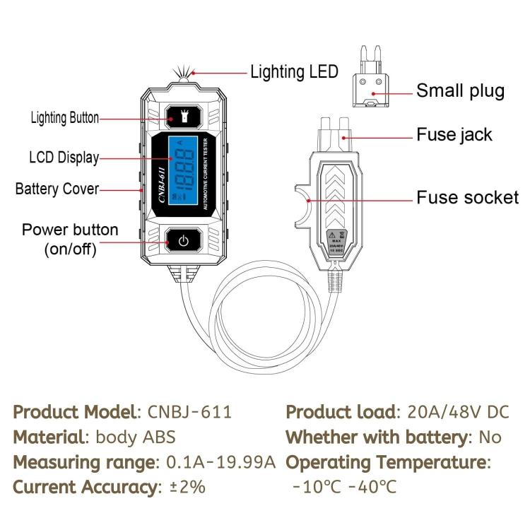Automotive LED blade fuse current tester with LCD screen, buttons, and test lead cable