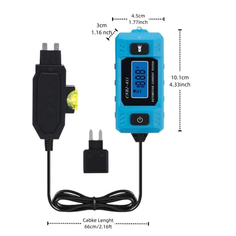 Blue automotive current tester with LCD screen, power switch, and blade fuse adapters