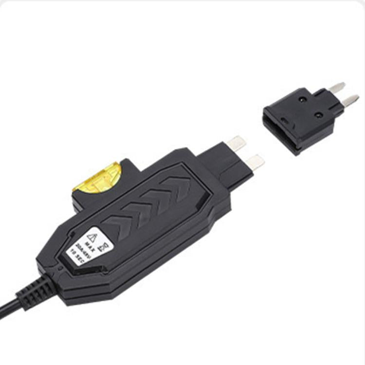 Black blade fuse current tester adapter with metal contacts and yellow indicator