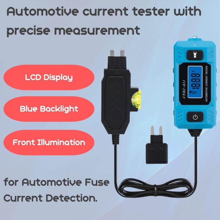 Blue automotive current tester with LCD display and blue backlight, blade fuse adapters