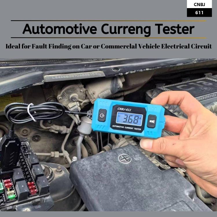 Blue automotive current tester held near car engine bay with LCD display