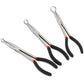 Three-piece hose grip plier set with pointed jaws, black handles, and red grip bands