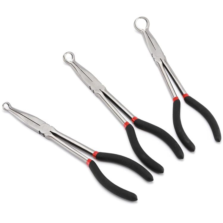 Three-piece hose grip plier set with pointed jaws, black handles, and red grip bands