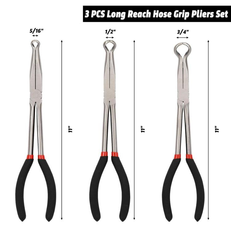Three hose grip pliers with pointed jaws, black handles, and red grip bands (size shown)