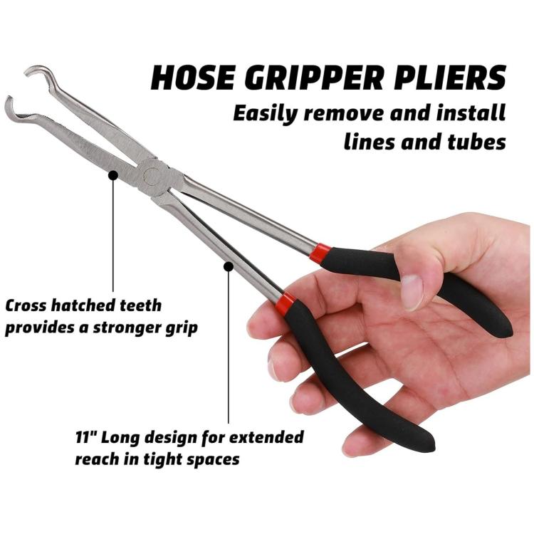Extended hose grip pliers with pointed jaws, black rubber handles, and red grip bands