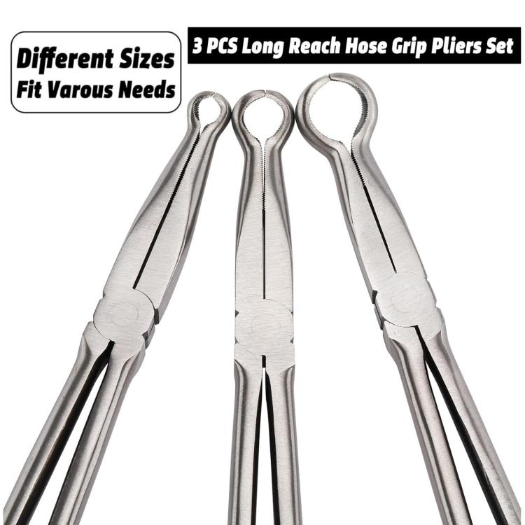 Three hose grip pliers set with silver jaws, black handles, and red grip bands