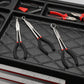 Three hose grip pliers on a tool tray, silver jaws, black handles with red grip bands