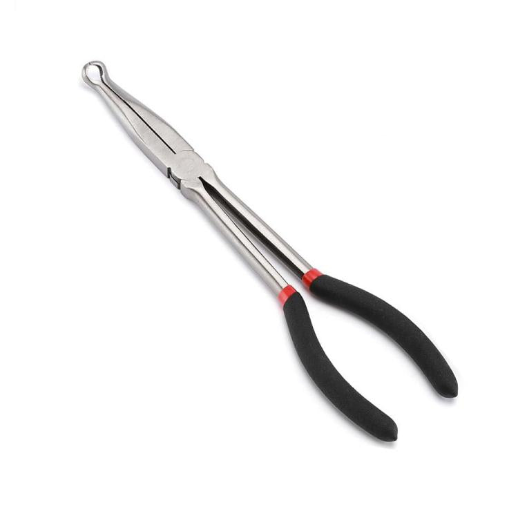 Extended reach hose grip pliers with pointed jaws, black handles with red accents