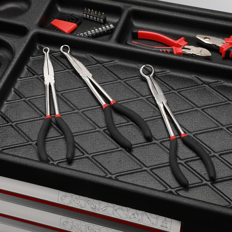 Three extended reach hose grip pliers on a foam tray, pointed jaws and black/red handles