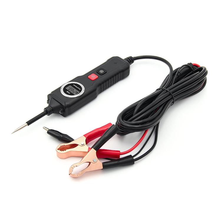Handheld circuit tester with needle tip probe and red/black clamp leads