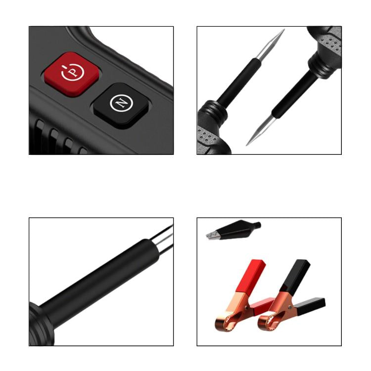 Circuit tester close-up of buttons, probe tips, and alligator clip connectors