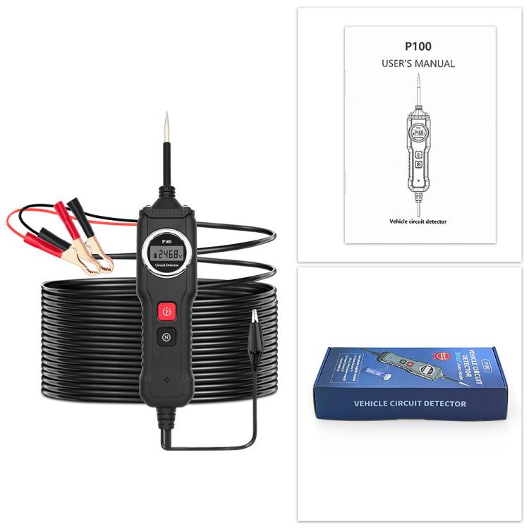 Handheld circuit tester kit with coiled cable, alligator clips, and user manual