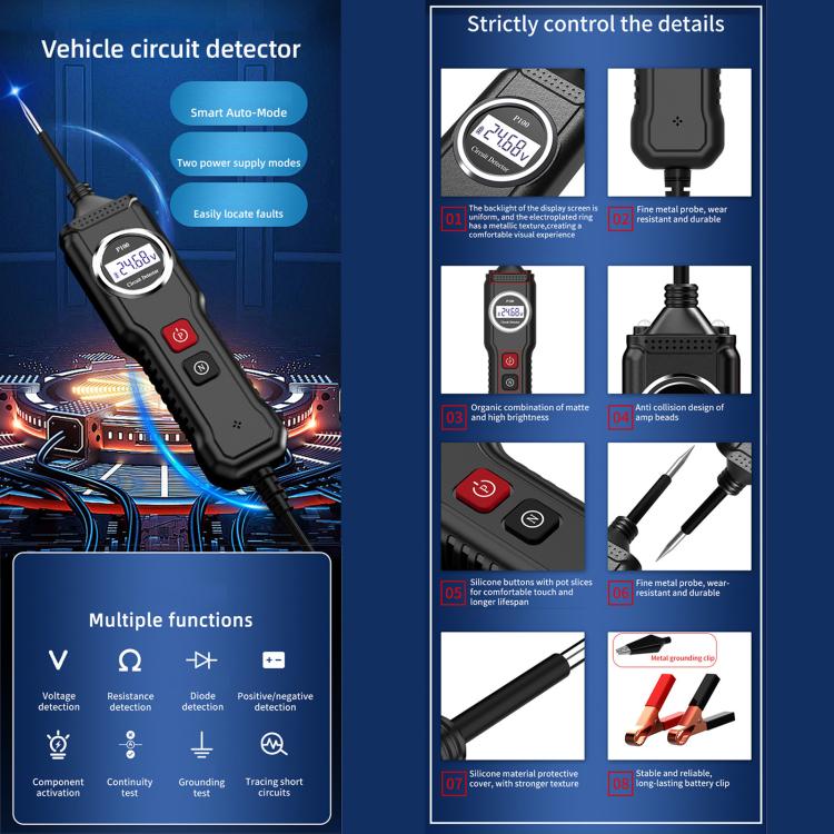 Handheld electric circuit detector with cable and feature diagram panels