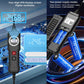 Handheld circuit tester with four-digit display and view of battery compartment