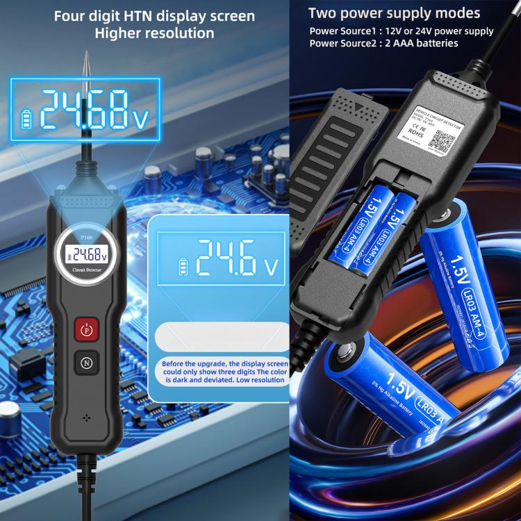 Handheld circuit tester with four-digit display and view of battery compartment