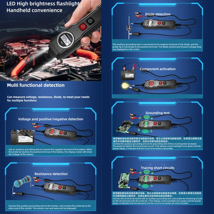Handheld electric circuit tester with LED light and detection function diagram
