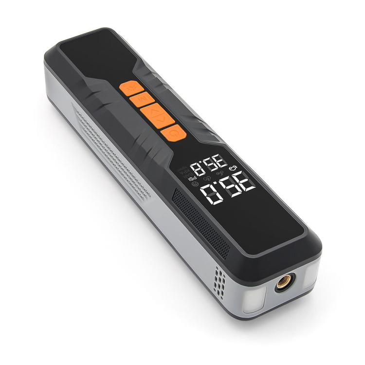 Cordless portable tire inflator angled view with screen, orange buttons, and metallic base